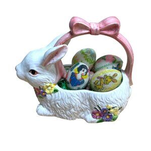 Vintage Ceramic Rabbit Bunny Egg Basket with Sugared Eggs